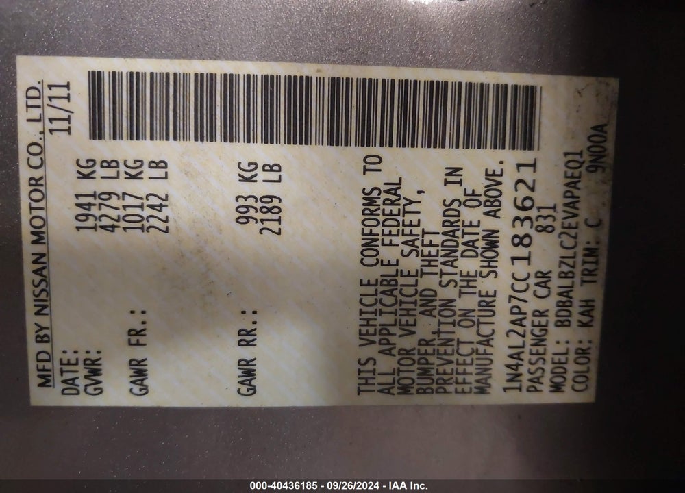 2012 NISSAN ALTIMA 2.5 S VIN: 1N4AL2AP7CC183621