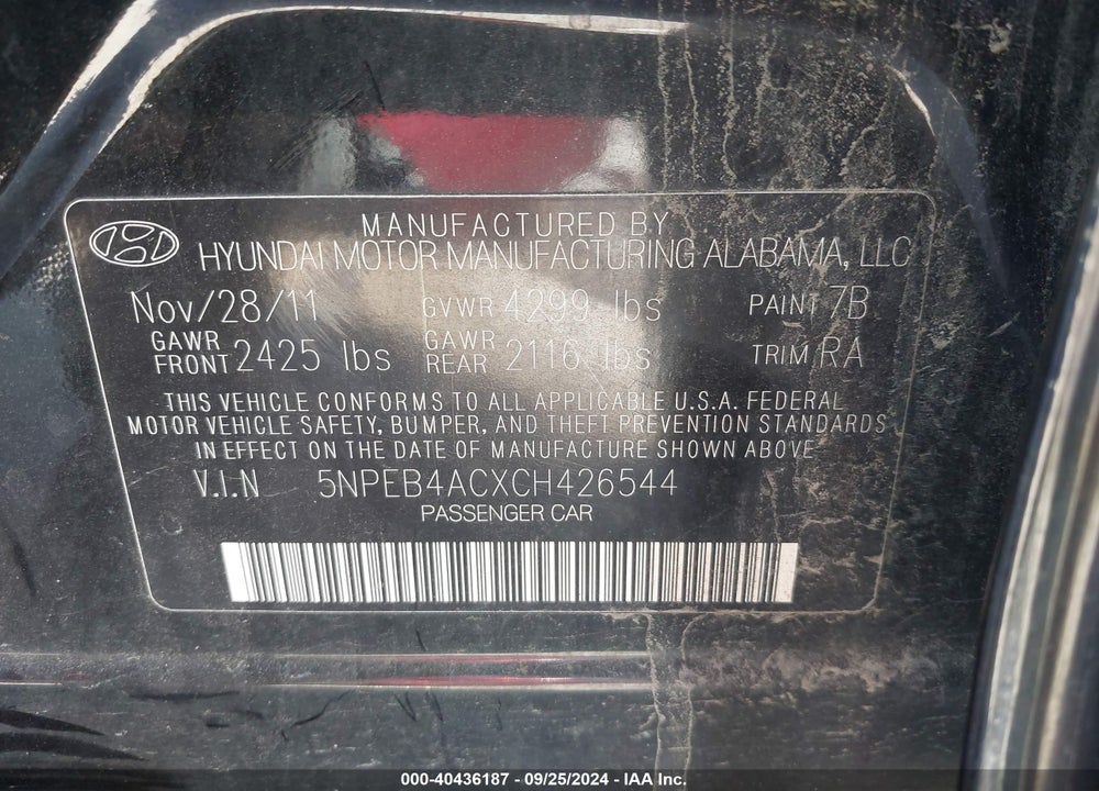 2012 HYUNDAI SONATA GLS VIN: 5NPEB4ACXCH426544