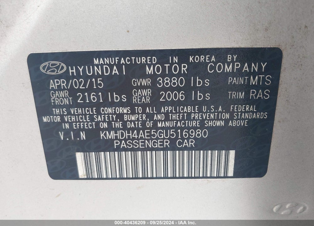 2016 HYUNDAI ELANTRA SE VIN: KMHDH4AE5GU516980