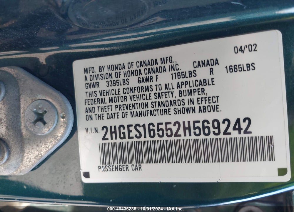 2002 HONDA CIVIC LX VIN: 2HGES16552H569242