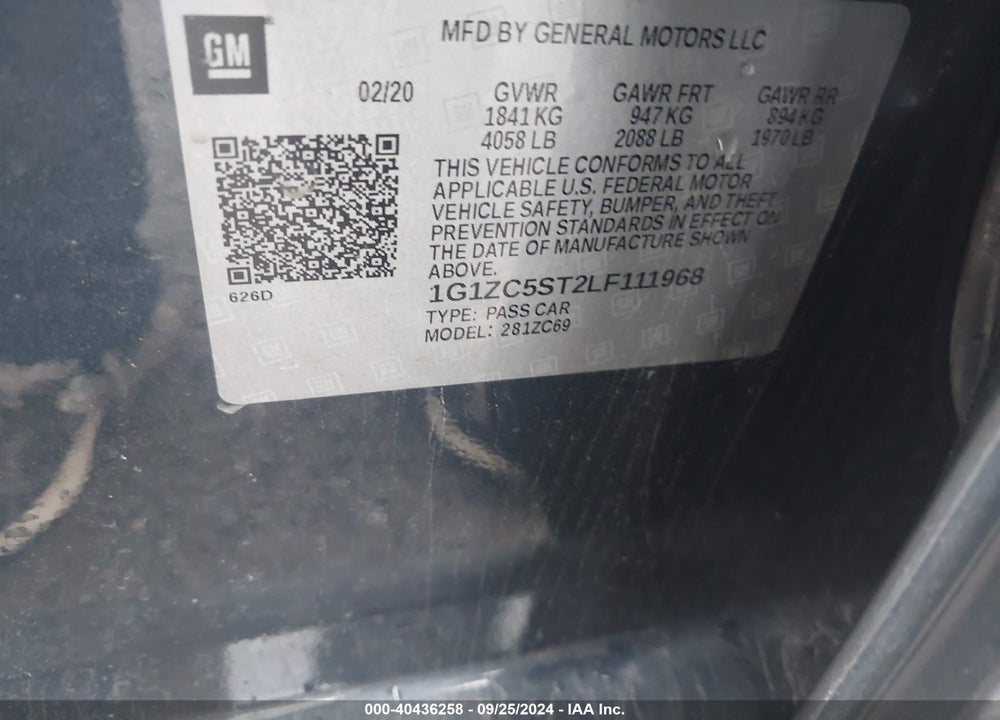 2020 CHEVROLET MALIBU FWD 1FL VIN: 1G1ZC5ST2LF111968