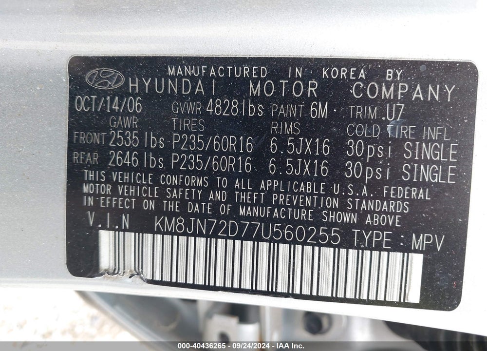 2007 HYUNDAI TUCSON LIMITED/SE VIN: KM8JN72D77U560255