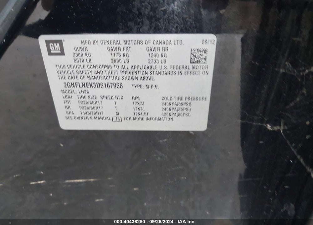 2013 CHEVROLET EQUINOX 2LT VIN: 2GNFLNEK3D6167966