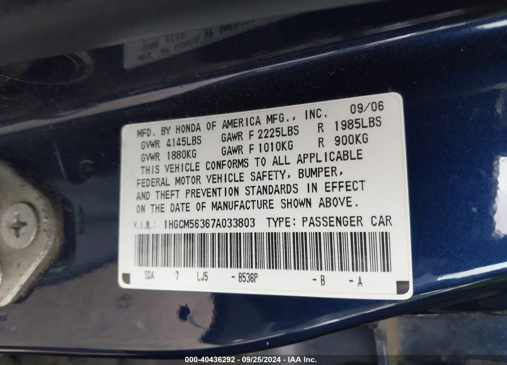 2007 HONDA ACCORD 2.4 SE VIN: 1HGCM56367A033803