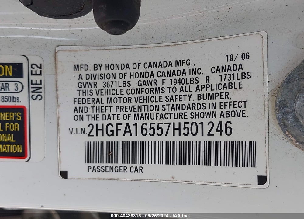 2007 HONDA CIVIC LX VIN: 2HGFA16557H501246