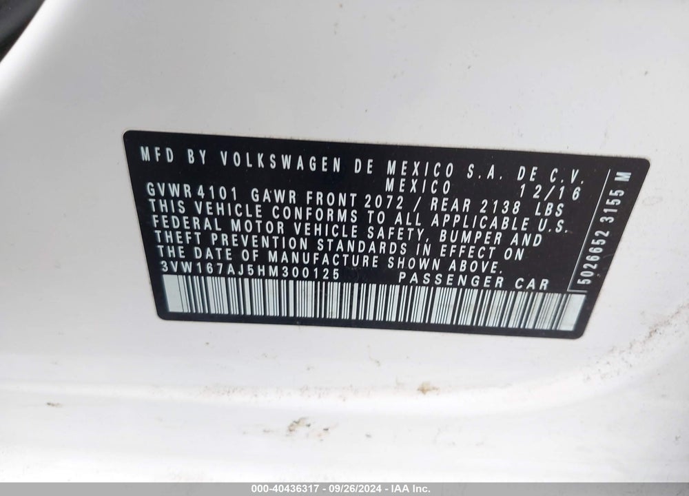 2017 VOLKSWAGEN JETTA 1.4T S VIN: 3VW167AJ5HM300125