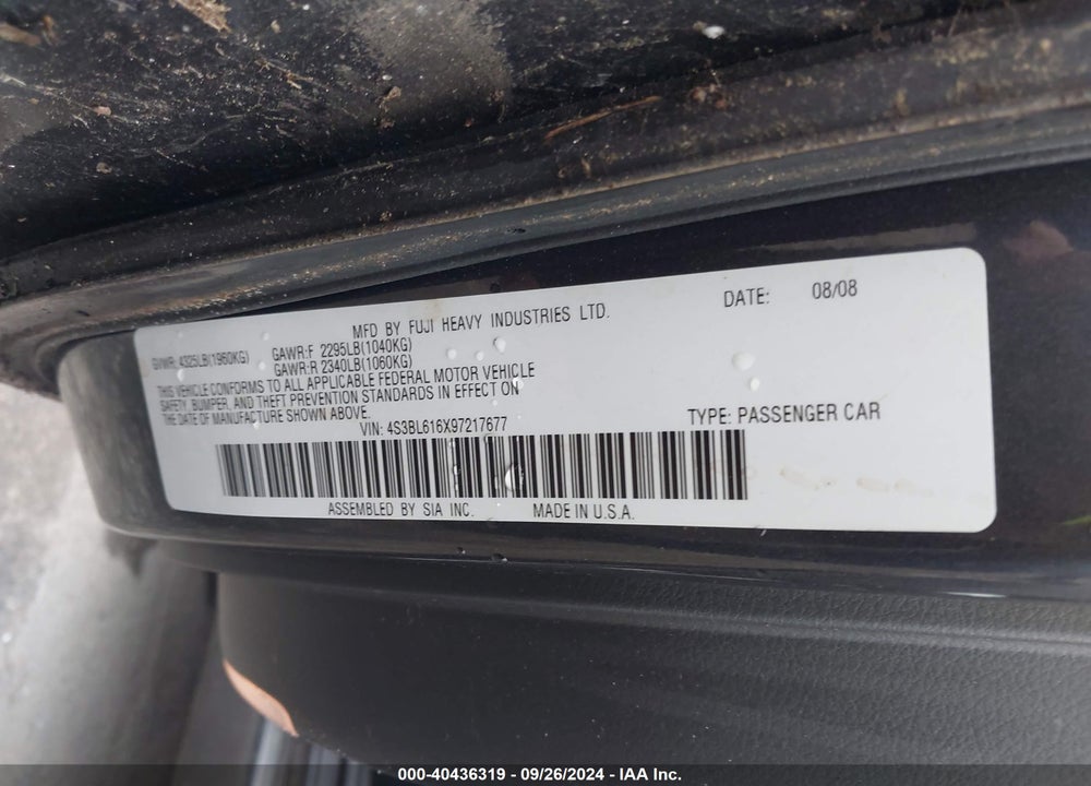 2009 SUBARU LEGACY 2.5I VIN: 4S3BL616X97217677