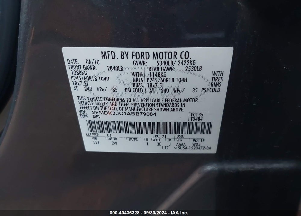 2010 FORD EDGE SEL VIN: 2FMDK3JC1ABB79084