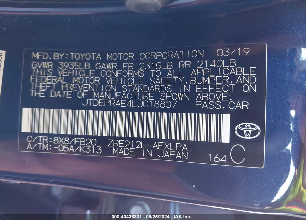 2020 TOYOTA COROLLA LE VIN: JTDEPRAE4LJ018807