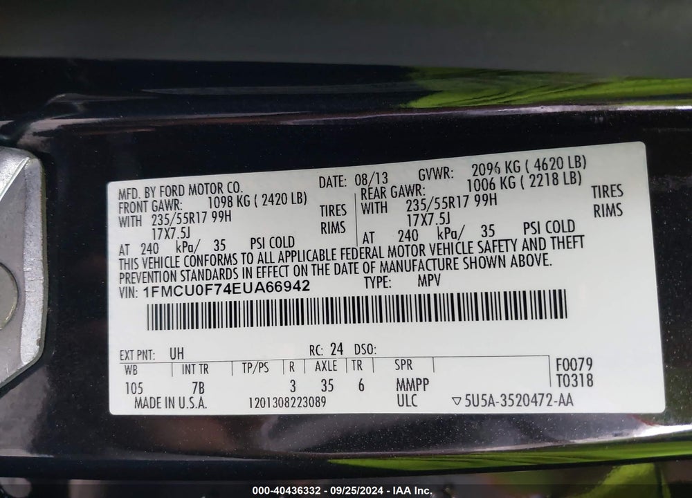 2014 FORD ESCAPE S VIN: 1FMCU0F74EUA66942