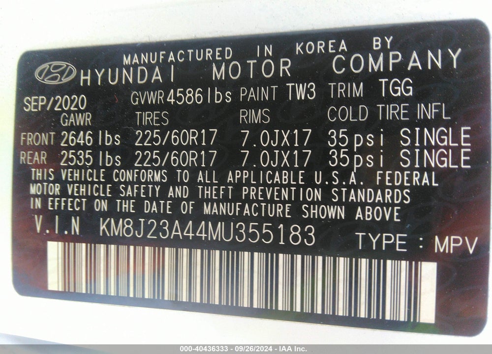 2021 HYUNDAI TUCSON SE VIN: KM8J23A44MU355183