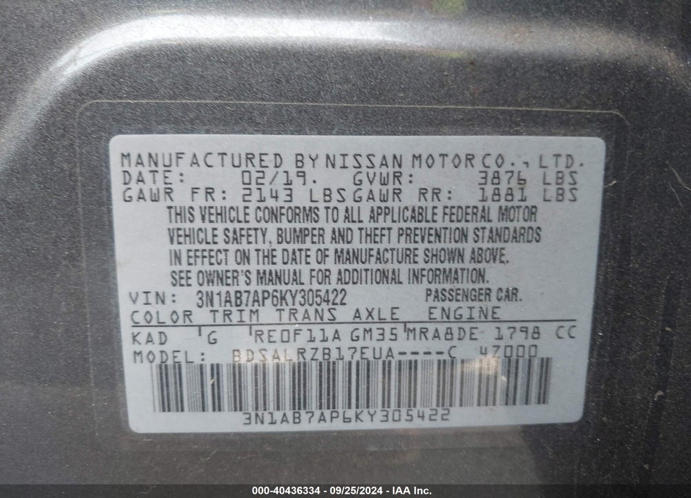 2019 NISSAN SENTRA SR VIN: 3N1AB7AP6KY305422