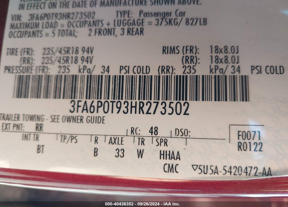 2017 FORD FUSION SE VIN: 3FA6P0T93HR273502