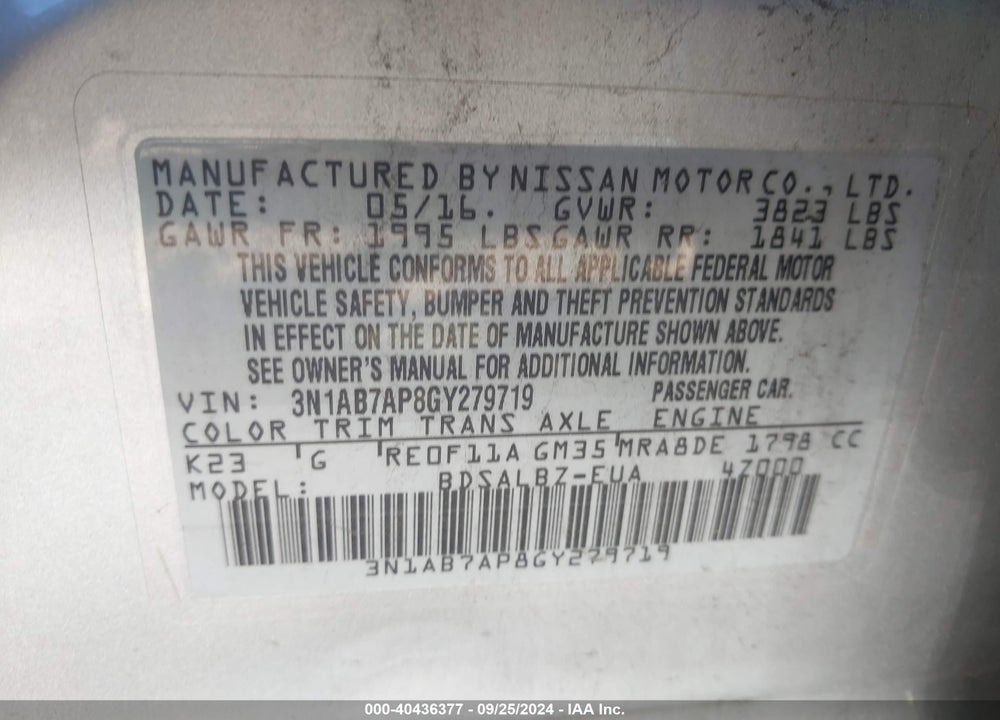 2016 NISSAN SENTRA FE+ S/S/SL/SR/SV VIN: 3N1AB7AP8GY279719