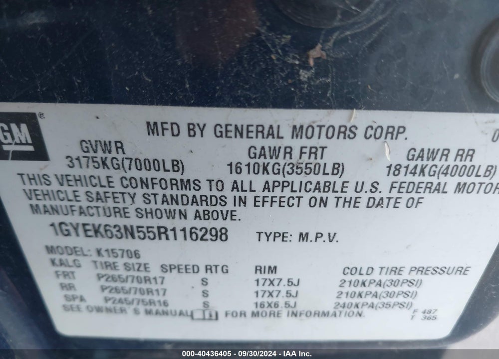 2005 CADILLAC ESCALADE STANDARD VIN: 1GYEK63N55R116298