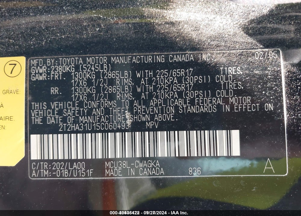 2005 LEXUS RX 330 VIN: 2T2HA31U15C060493