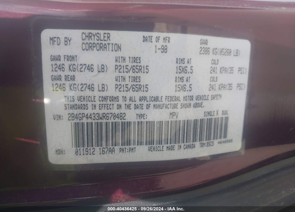 1998 DODGE GRAND CARAVAN SE VIN: 2B4GP4433WR670482