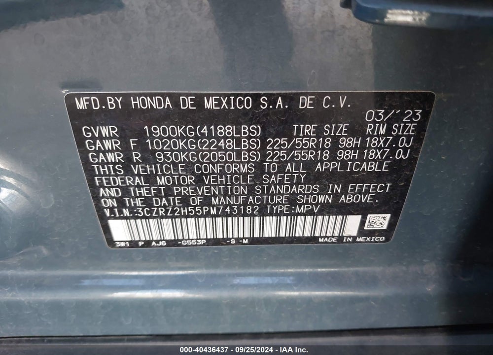 2023 HONDA HR-V AWD SPORT VIN: 3CZRZ2H55PM743182