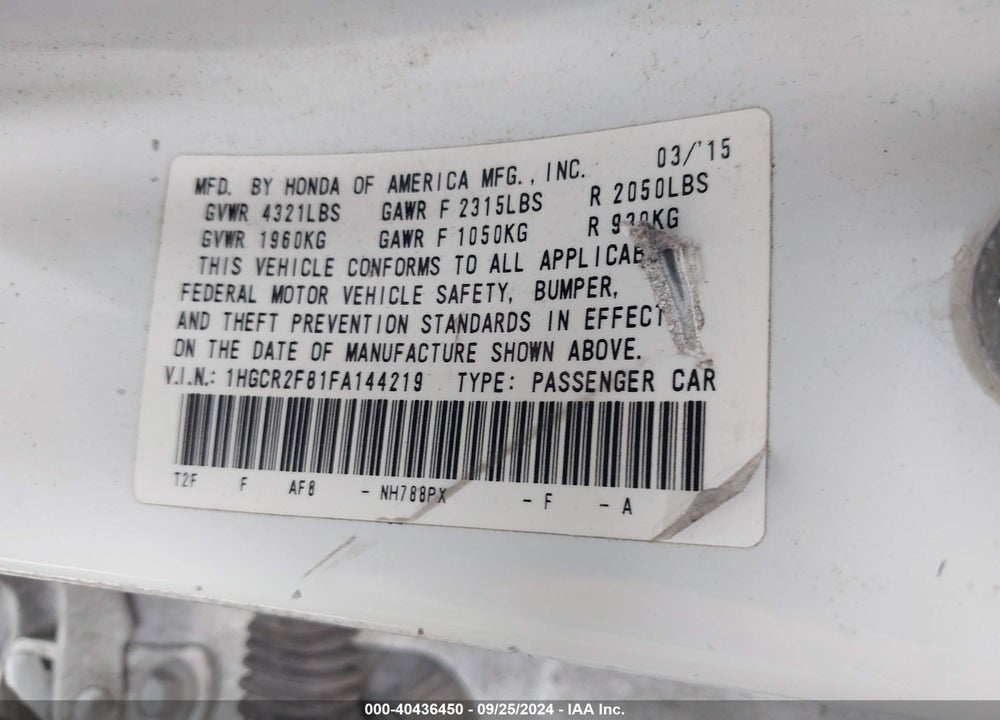 2015 HONDA ACCORD EX-L VIN: 1HGCR2F81FA144219