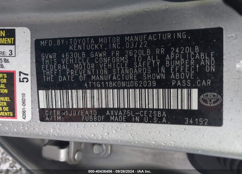 2022 TOYOTA CAMRY SE AWD VIN: 4T1G11BK0NU062039
