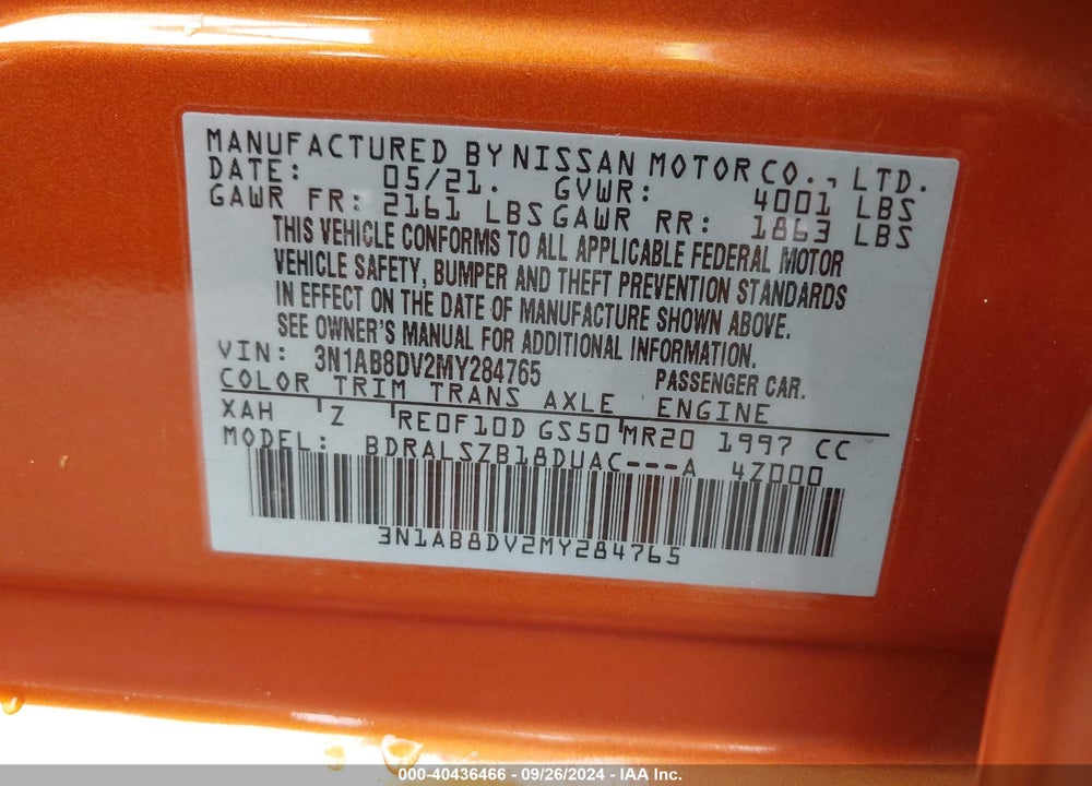 2021 NISSAN SENTRA SR XTRONIC CVT VIN: 3N1AB8DV2MY284765