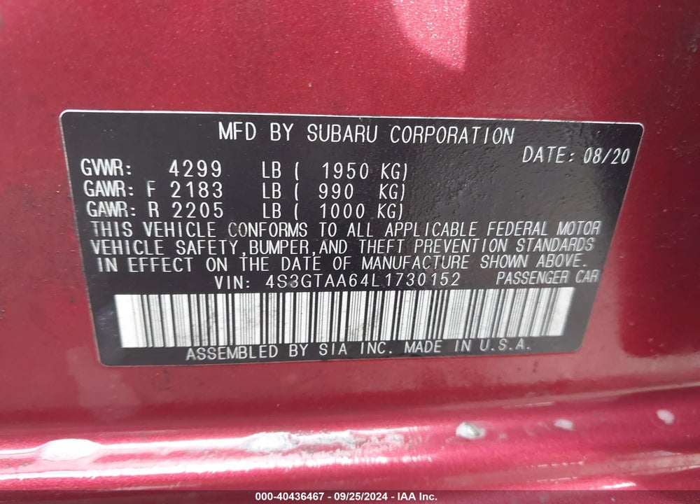 2020 SUBARU IMPREZA 5-DOOR VIN: 4S3GTAA64L1730152