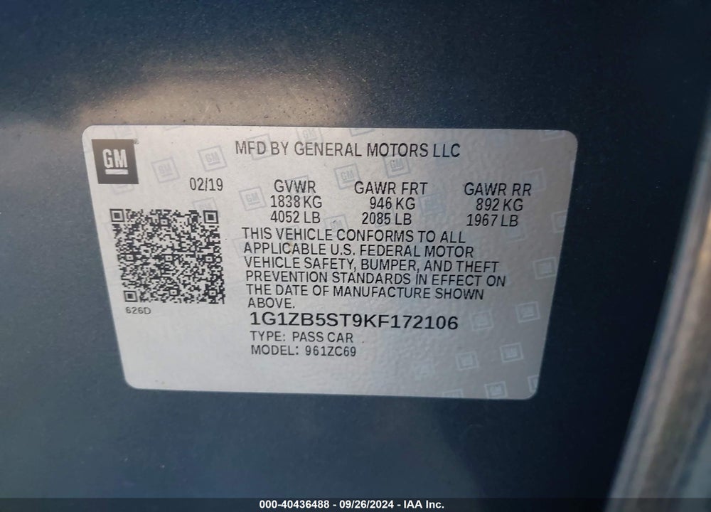 2019 CHEVROLET MALIBU 1LS VIN: 1G1ZB5ST9KF172106