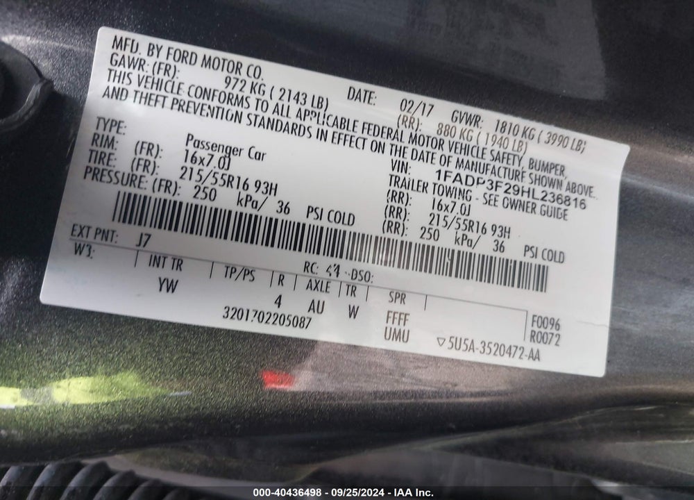 2017 FORD FOCUS SE VIN: 1FADP3F29HL236816