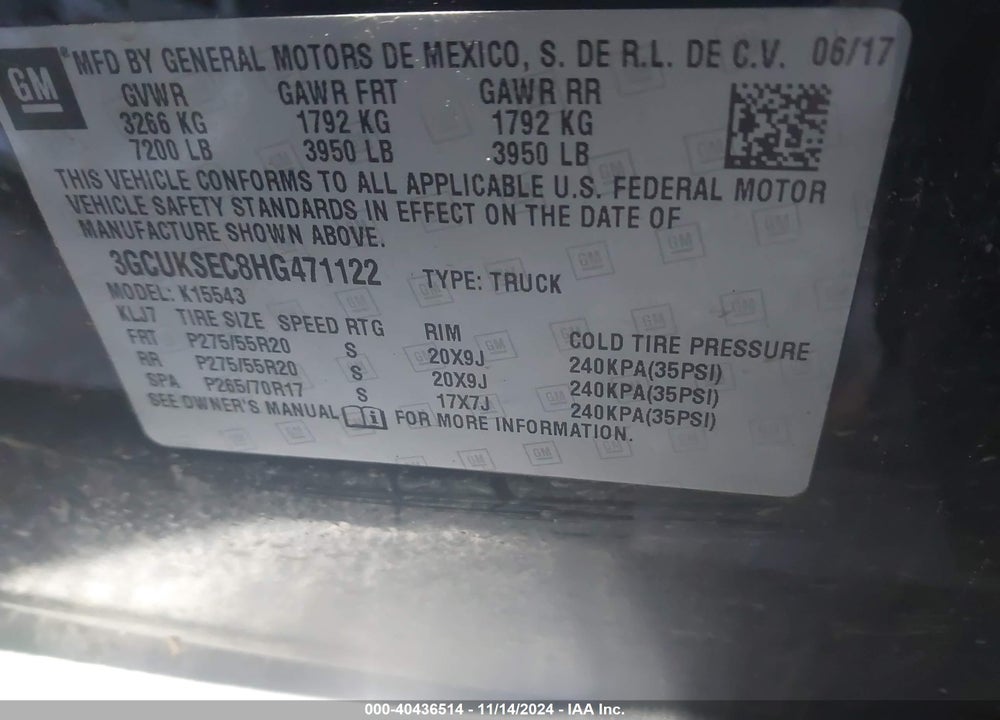 2017 CHEVROLET SILVERADO 1500 2LZ VIN: 3GCUKSEC8HG471122
