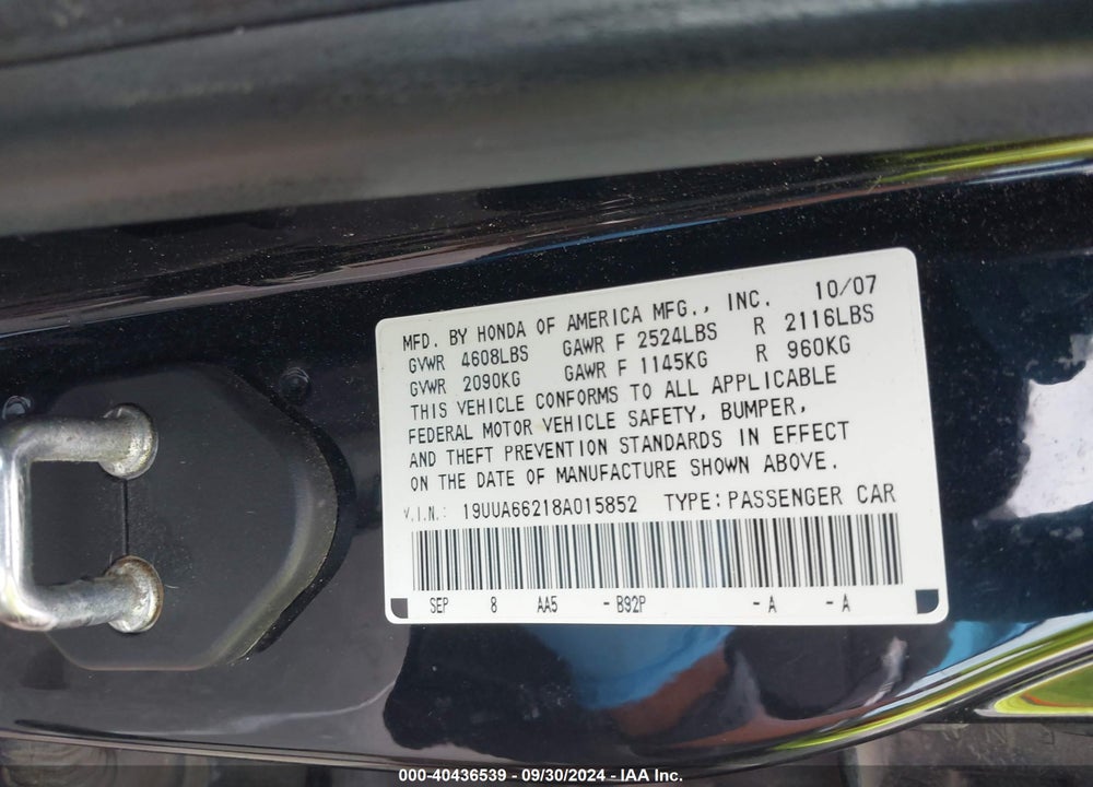 2008 ACURA TL 3.2 VIN: 19UUA66218A015852