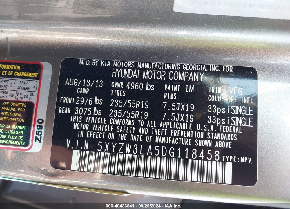 2013 HYUNDAI SANTA FE SPORT 2.0T VIN: 5XYZW3LA5DG118458