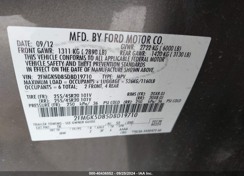 2013 FORD FLEX LIMITED VIN: 2FMGK5D85DBD19710
