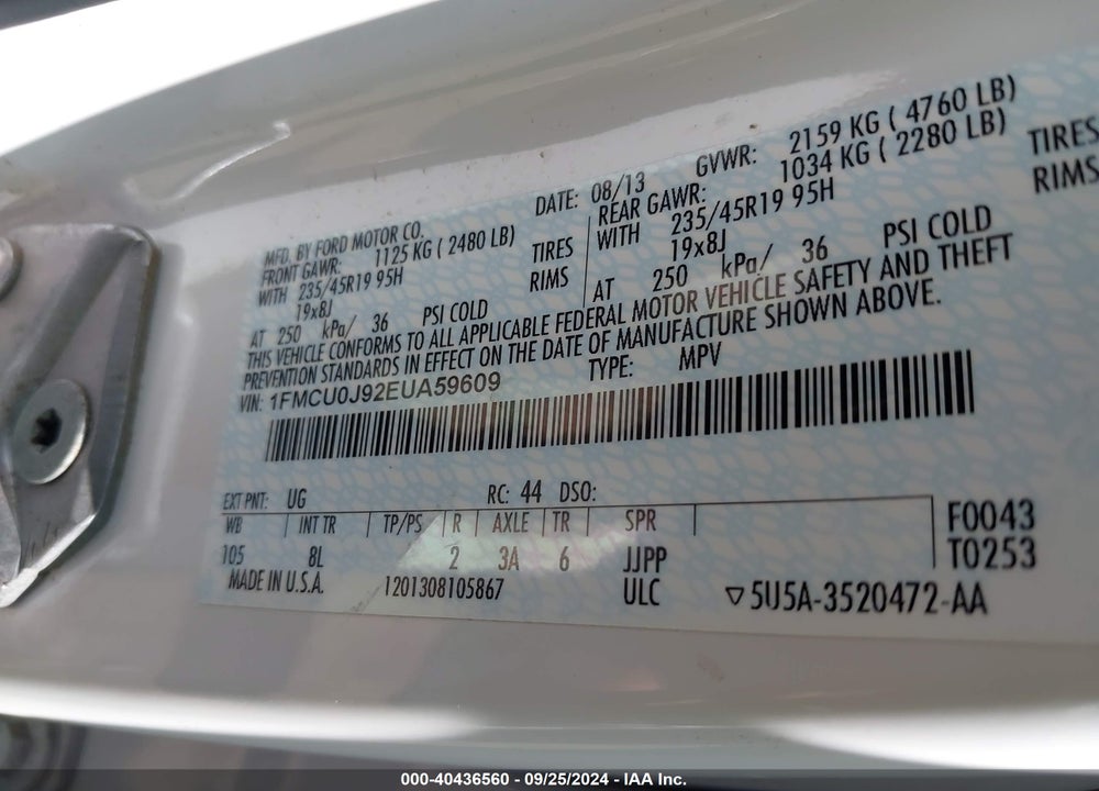 2014 FORD ESCAPE TITANIUM VIN: 1FMCU0J92EUA59609