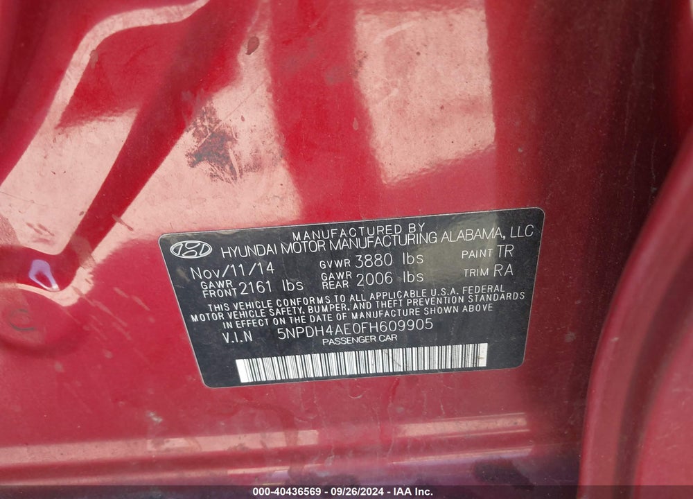 2015 HYUNDAI ELANTRA SE VIN: 5NPDH4AE0FH609905