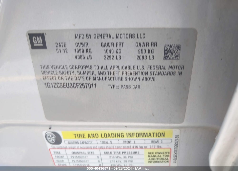 2012 CHEVROLET MALIBU 1LT VIN: 1G1ZC5EU3CF257011