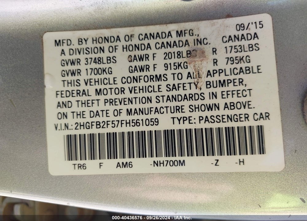 2015 HONDA CIVIC LX VIN: 2HGFB2F57FH561059