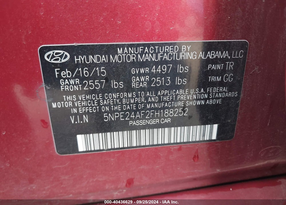 2015 HYUNDAI SONATA SE VIN: 5NPE24AF2FH188252