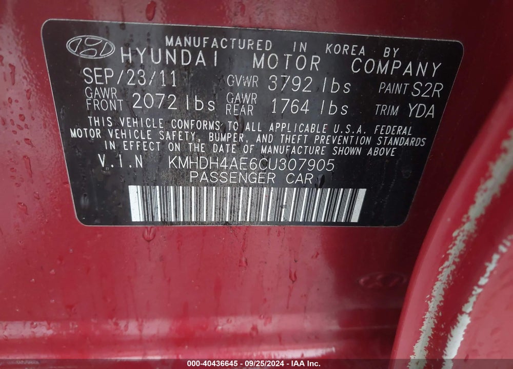 2012 HYUNDAI ELANTRA GLS (ULSAN PLANT) VIN: KMHDH4AE6CU307905