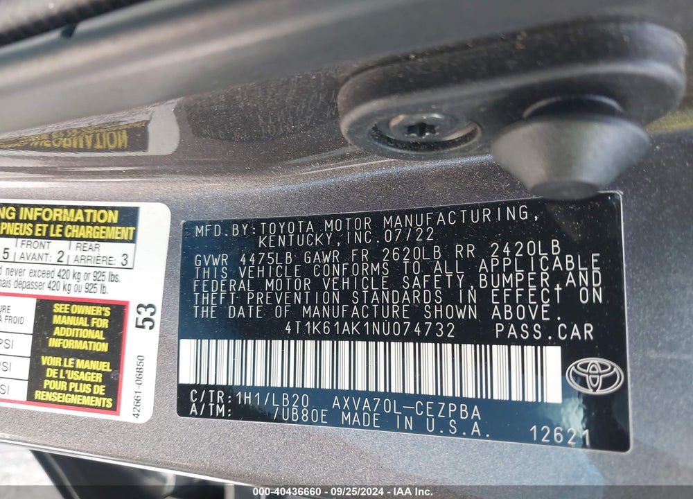 2022 TOYOTA CAMRY XSE VIN: 4T1K61AK1NU074732