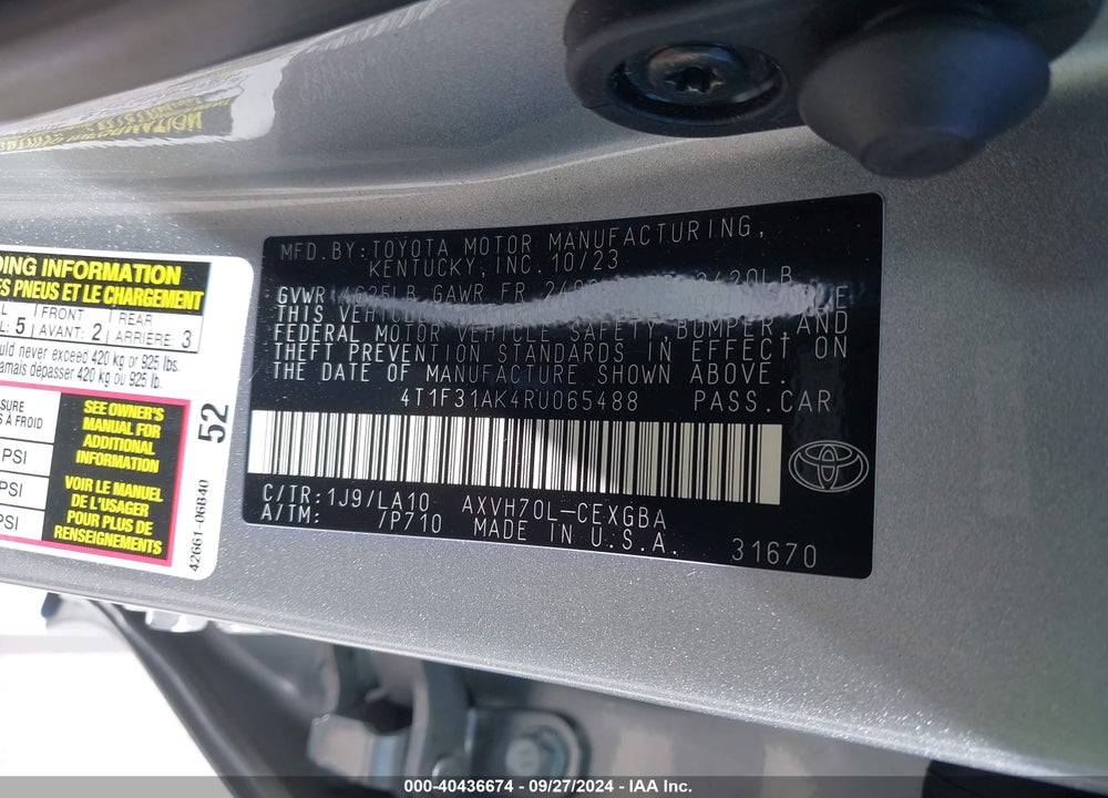 2024 TOYOTA CAMRY HYBRID XLE VIN: 4T1F31AK4RU065488
