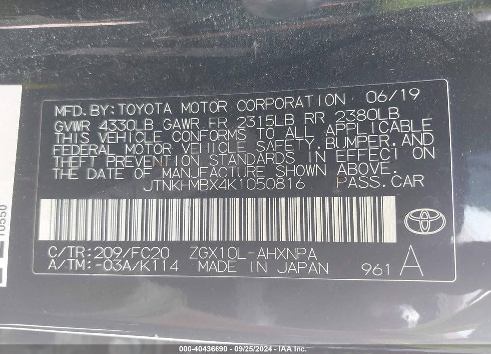 2019 TOYOTA C-HR LE VIN: JTNKHMBX4K1050816