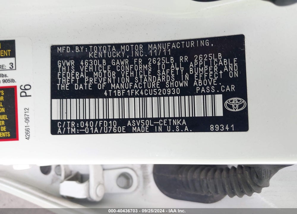 2012 TOYOTA CAMRY VIN: 4T1BF1FK4CU520930