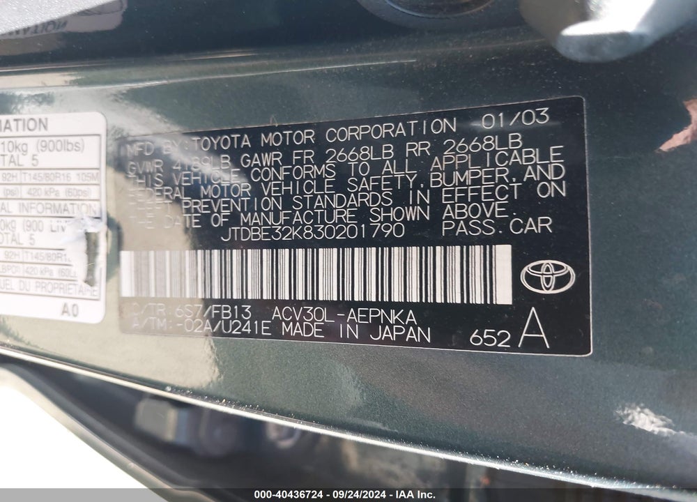 2003 TOYOTA CAMRY LE VIN: JTDBE32K830201790