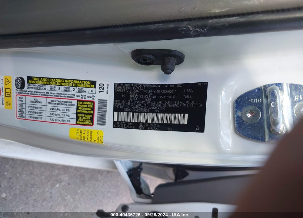2019 TOYOTA SIENNA XLE PREMIUM 8 PASSENGER VIN: 5TDYZ3DC7KS019336