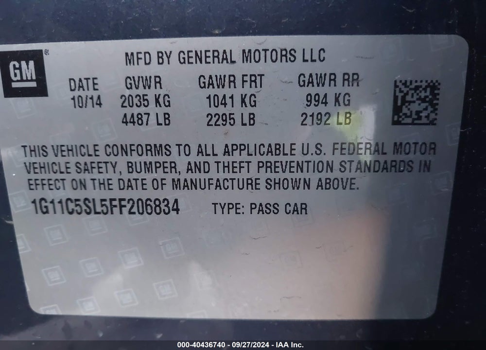 2015 CHEVROLET MALIBU 1LT VIN: 1G11C5SL5FF206834