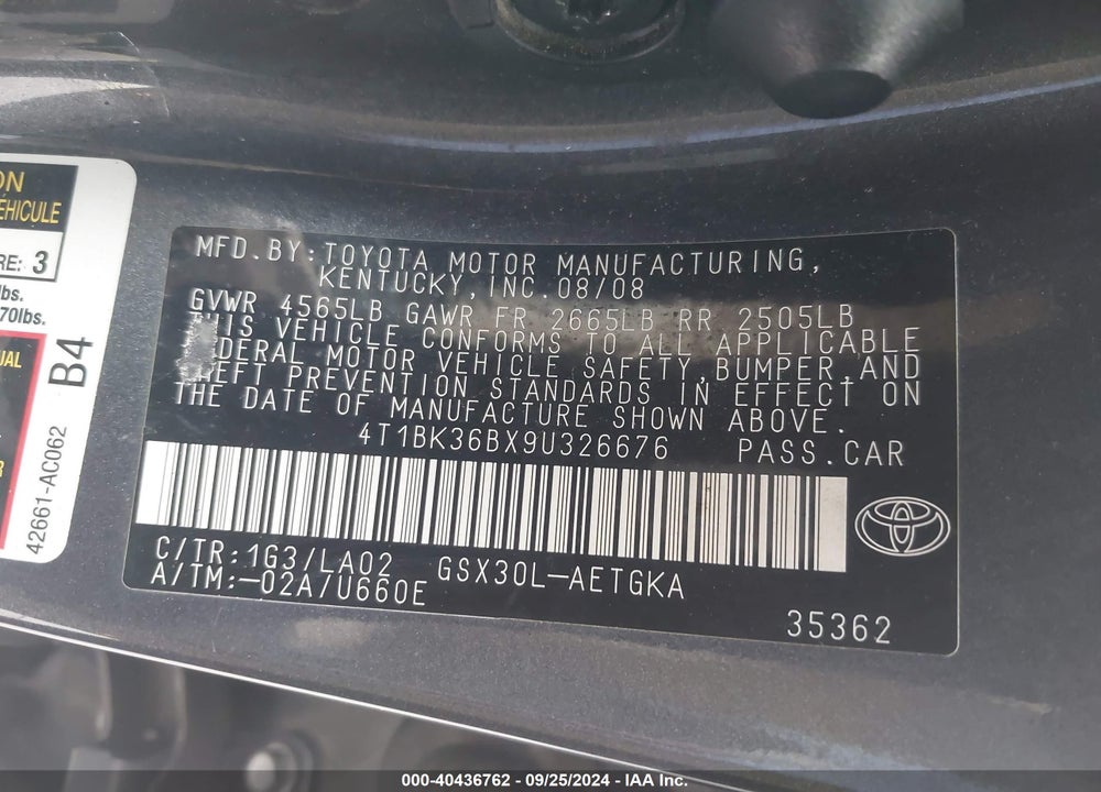 2009 TOYOTA AVALON XLS VIN: 4T1BK36BX9U326676