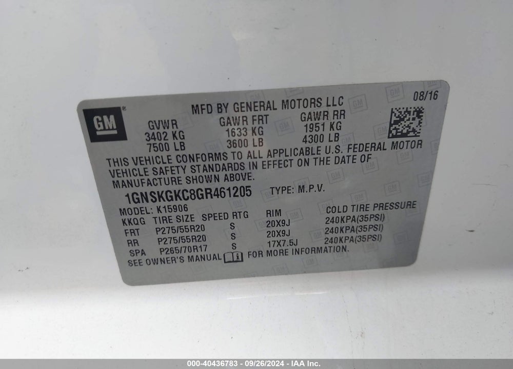 2016 CHEVROLET SUBURBAN VIN: 1GNSKGKC8GR461205