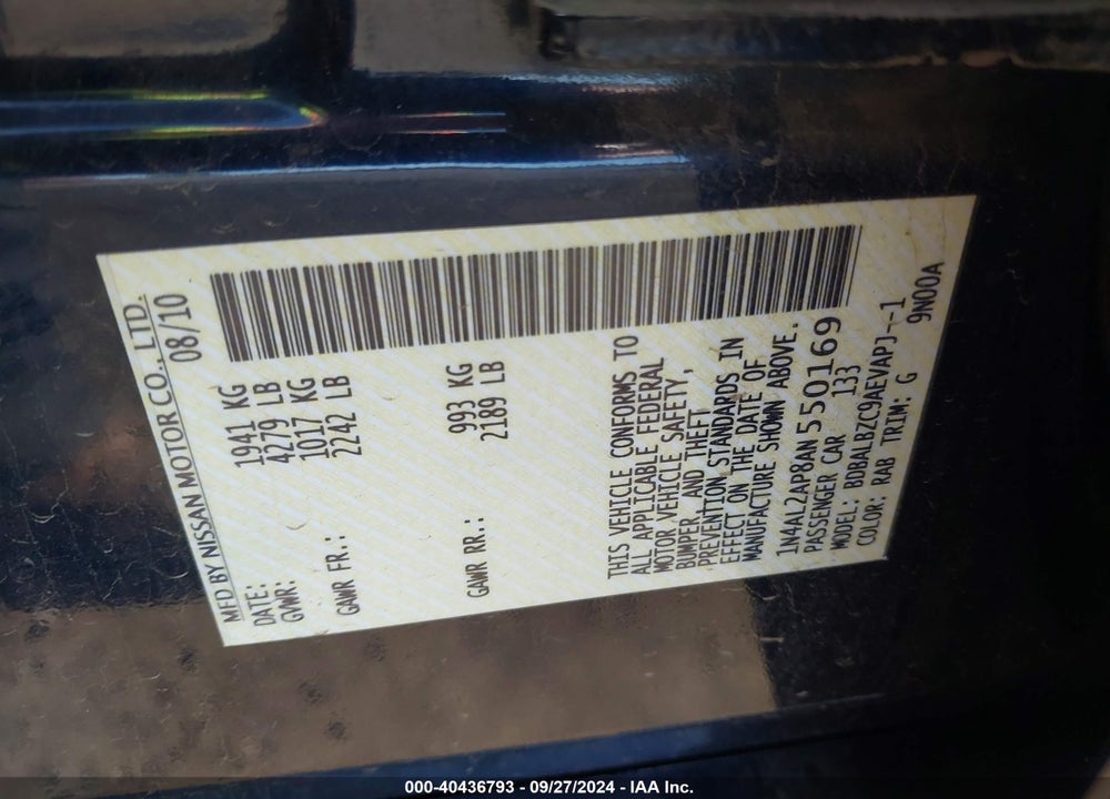 2010 NISSAN ALTIMA 2.5 S VIN: 1N4AL2AP8AN550169