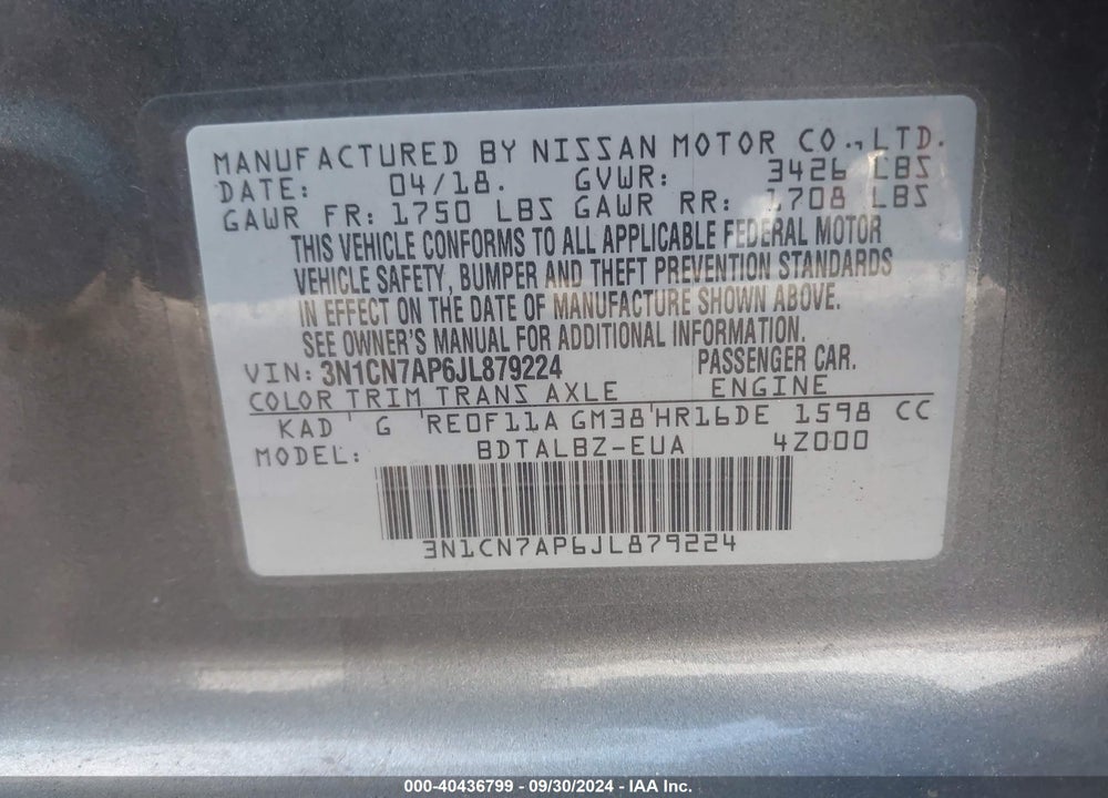 2018 NISSAN VERSA 1.6 SV VIN: 3N1CN7AP6JL879224