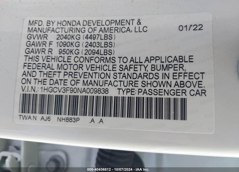 2022 HONDA ACCORD VIN: 1HGCV3F90NA009838